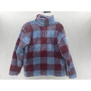 Eddie Bauer Sweater Womens Size M Sherpa Fleece Quarter Zip Blue Maroon Faux Fur
